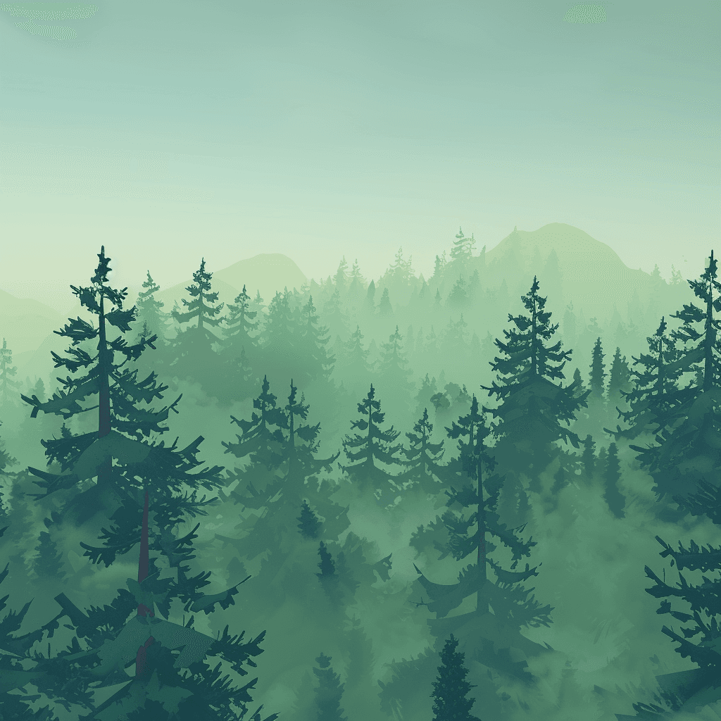 Misty evergreen forest landscape